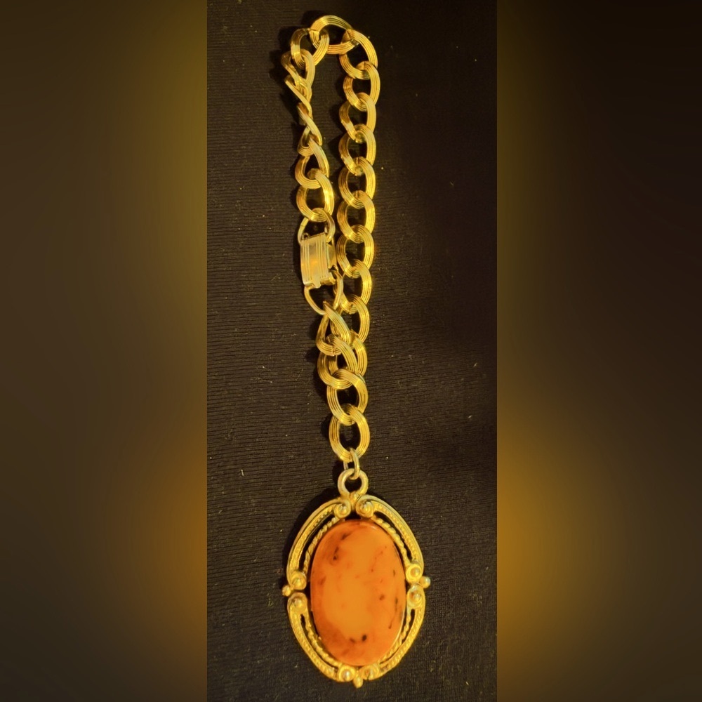 Gold Chain Bracelet with Orange Stone Pendant - Women Jewelry